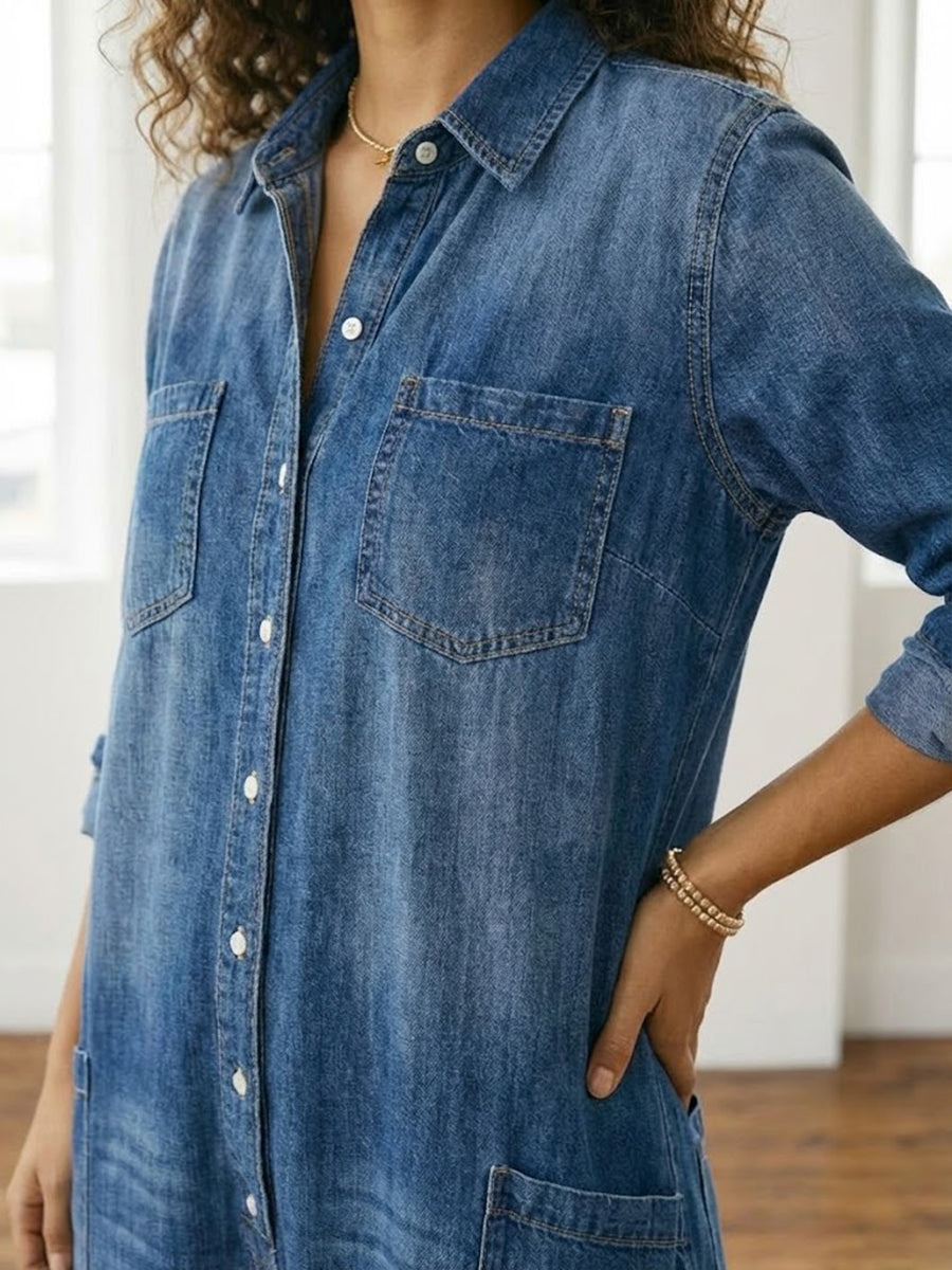 Vintage Washed Soft Denim Jumpsuit With Button Closure