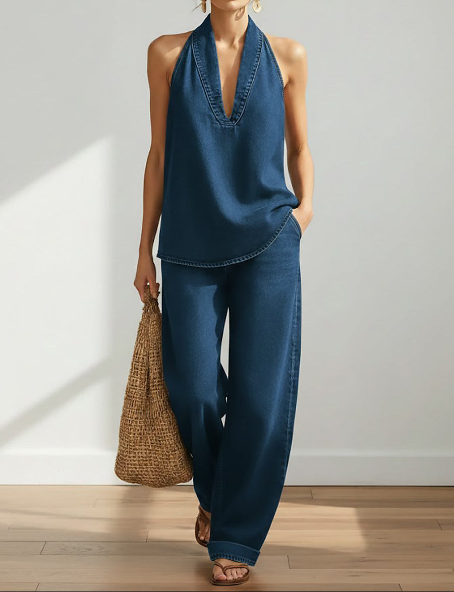 SAYLOR | Vintage Washed Soft Denim-Look Two-Piece Set