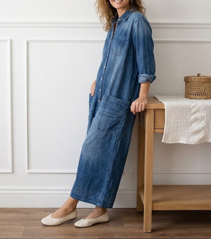 Vintage Washed Soft Denim Jumpsuit With Button Closure