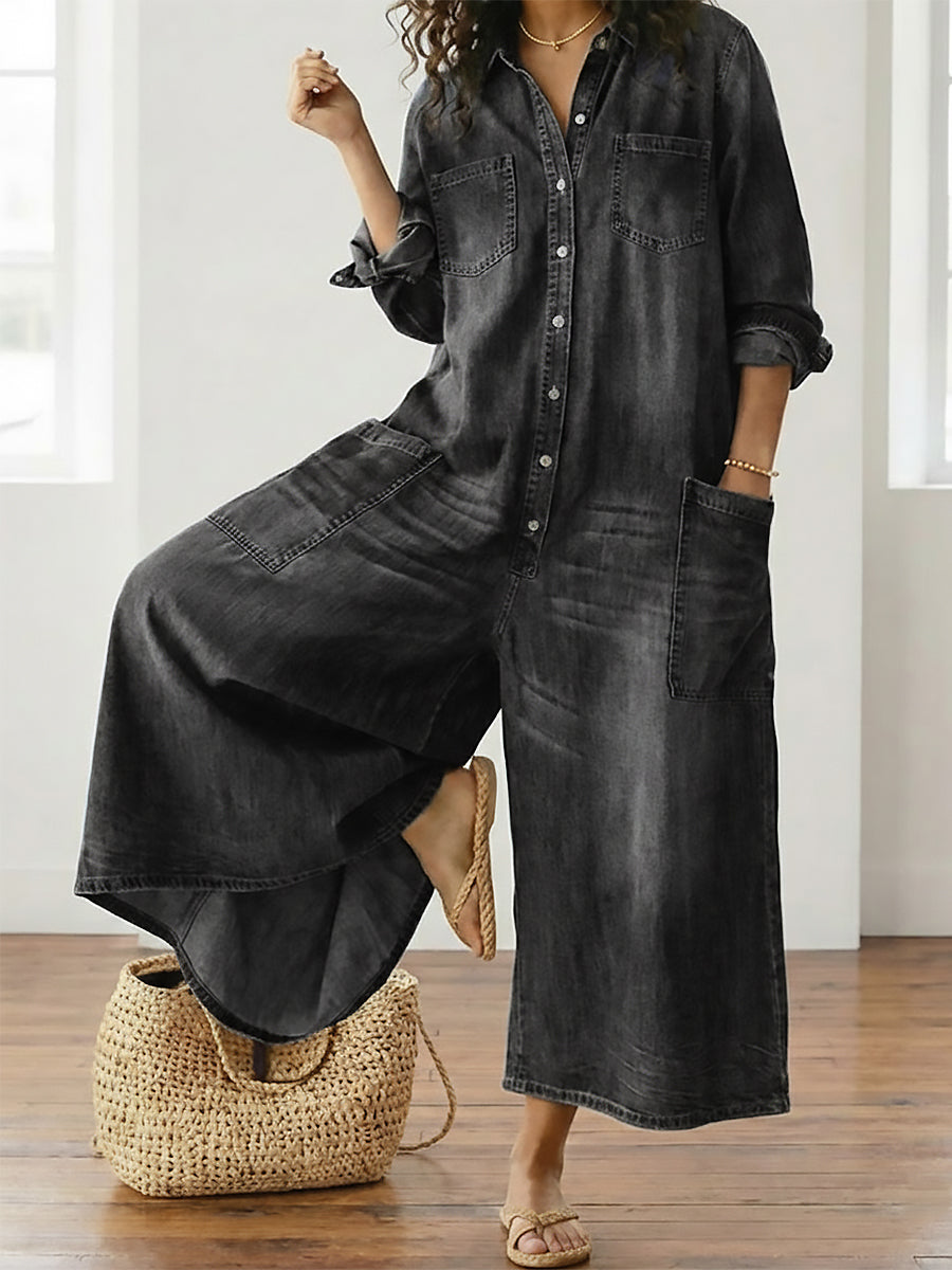 Vintage Washed Soft Denim Jumpsuit With Button Closure