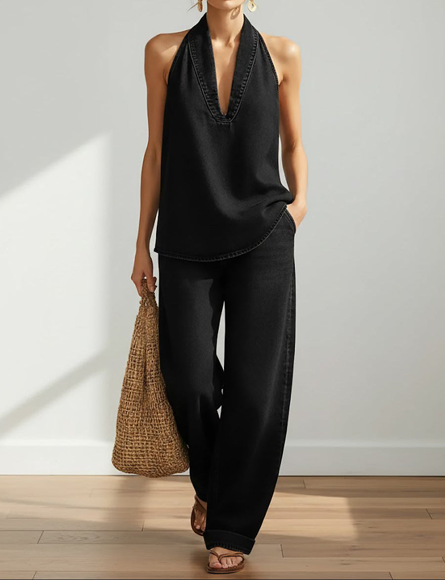 SAYLOR | Vintage Washed Soft Denim-Look Two-Piece Set