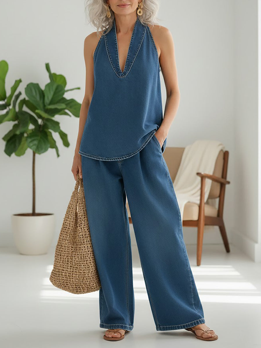 SAYLOR | Vintage Washed Soft Denim-Look Two-Piece Set