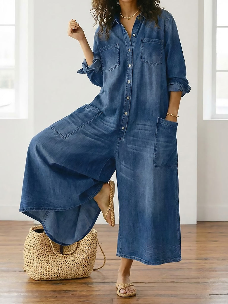 Vintage Washed Soft Denim Jumpsuit With Button Closure
