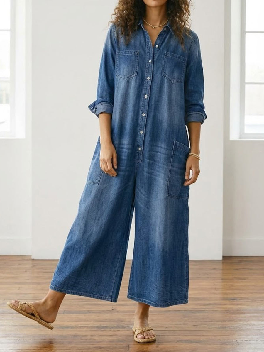 Vintage Washed Soft Denim Jumpsuit With Button Closure