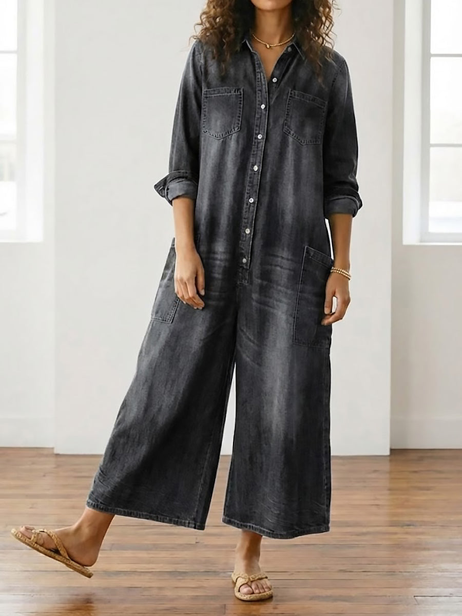 Vintage Washed Soft Denim Jumpsuit With Button Closure