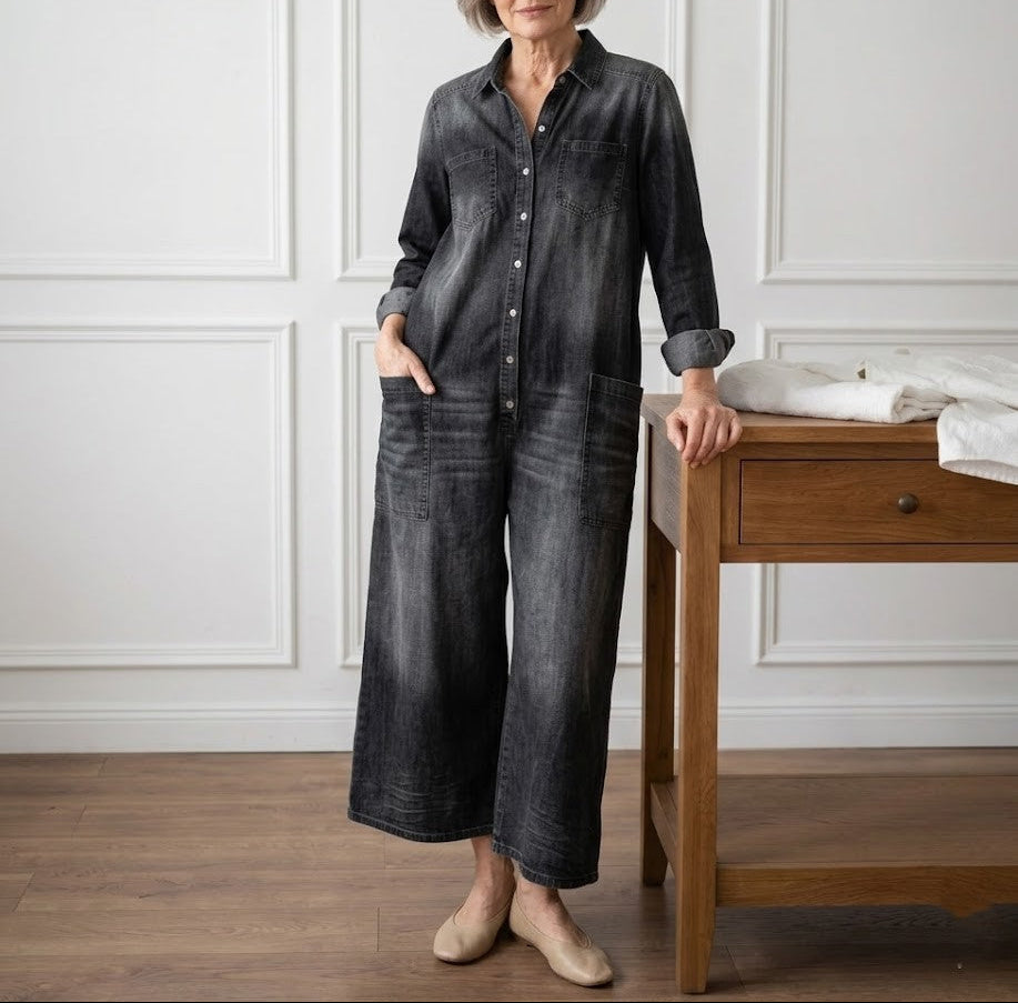 Vintage Washed Soft Denim Jumpsuit With Button Closure