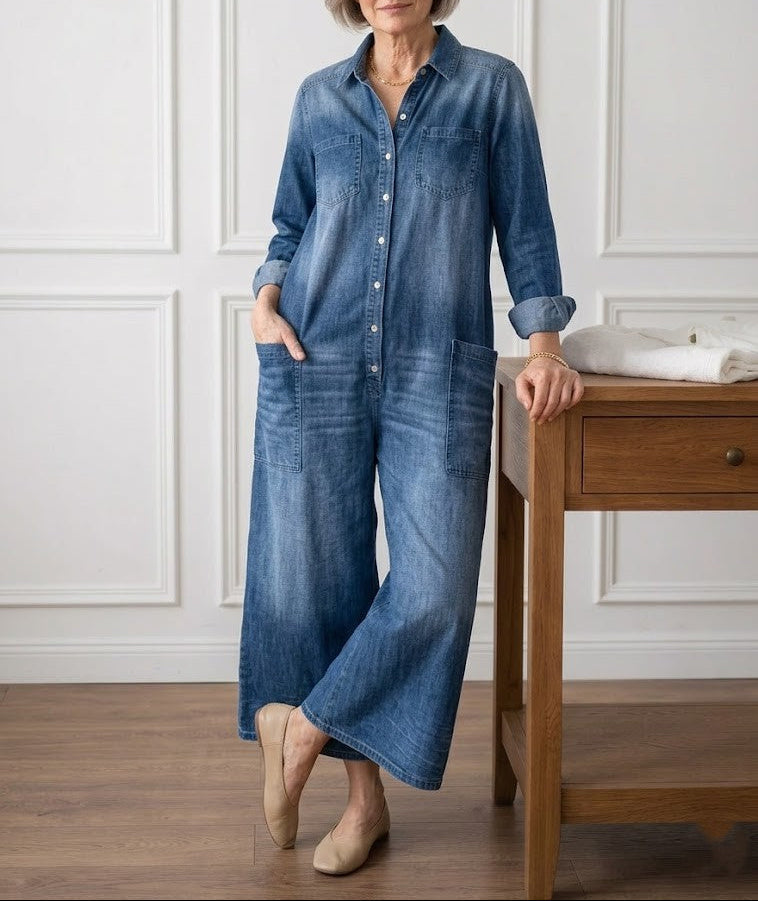 Vintage Washed Soft Denim Jumpsuit With Button Closure
